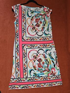Donna Morgan Turquoise & White Scarf-Print Shift Dress
